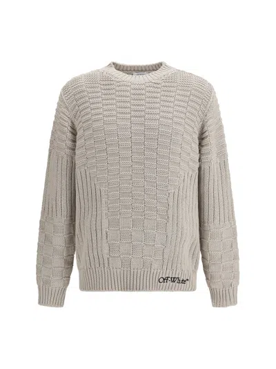 Off-white Intarsia Knit Crew Neck Sweater In Gray