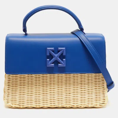 Pre-owned Off-white Jitney 1.4 Blue/natural Wicker And Leather Top Handle Bag