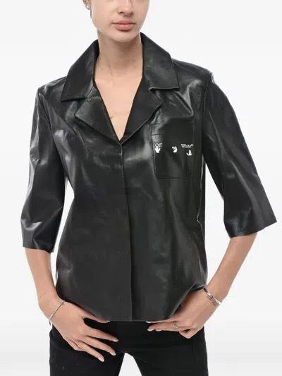 Off-white Leather Bowling Shirt With Snap Buttons In Black