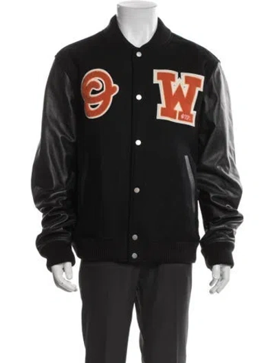 Pre-owned Off-white Leather Graphic Print Varsity Jacket In Black