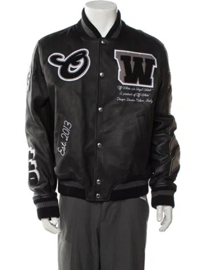 Pre-owned Off-white Leather Graphic Print Varsity Jacket W/ Tags In Black