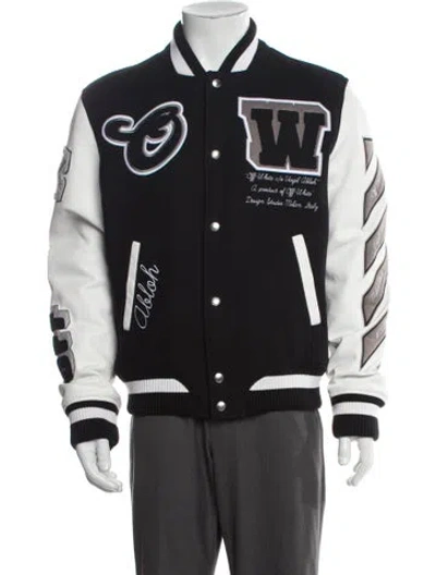 Pre-owned Off-white Leather Patterned Varsity Jacket In Black