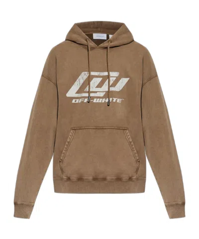Off-white Logo Printed Drawstring Hoodie In Brown