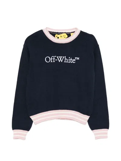 Off-white Kids' Logo-embroidered Striped-trim Sweater In Blue