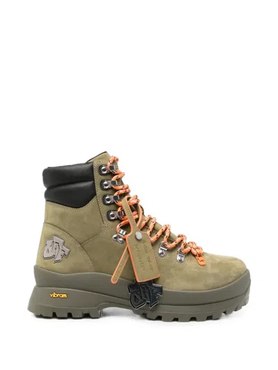 Off-white Logo-patch Panelled Boots In Green