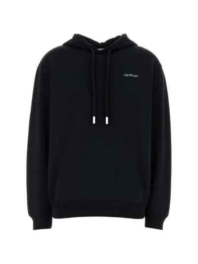 Off-white Cotton Hooded Sweatshirt Drawstring Hood Ribbed Trims In Black