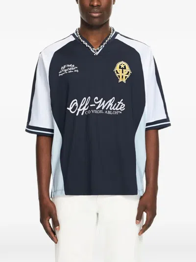 Off-white Logo-print Mesh-panel T-shirt In Blue