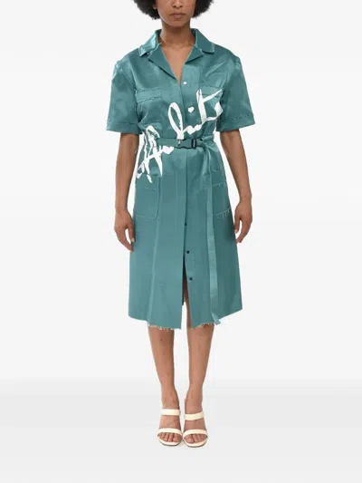 Off-white Logo-print Raw-cut Midi Dress In Green