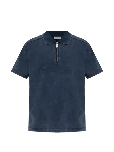 Off-white Logo-print Zip-neck Polo Shirt In Blue