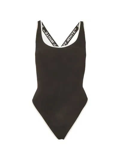Pre-owned Off-white Logo-strap Contrasting-trim Swimsuit In Black
