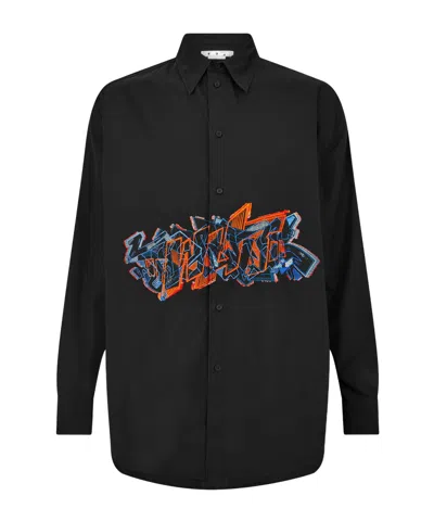 Off-white Loose Long-sleeve Shirt With Black Graffiti Print