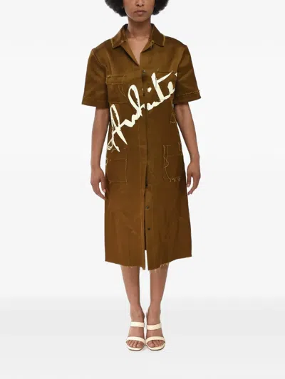 Off-white Midi Satin Shirtdress With Printed Logo And Raw-cut Edges In Brown