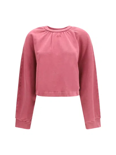 Off-white Cotton Ribbed Cropped Balloon-sleeve Sweatshirt In Pink