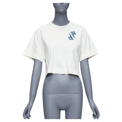 Pre-owned Off-white Off White Cream Cotton Blue Embroidered Logo Crop Tshirt Xs