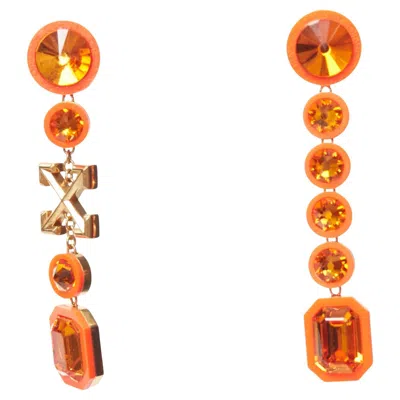 Pre-owned Off-white Off White Neon Orange Gold Logo Jewel Rhinestone Drop Pin Earrings Pair