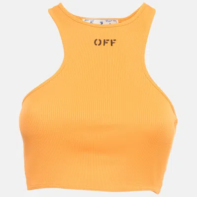 Pre-owned Off-white Orange Off Stamp Print Rib Knit Rowing Crop Top S