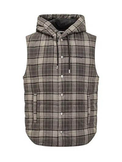 Off-white Padded Checkered Gilet With Hood In Dark Grey