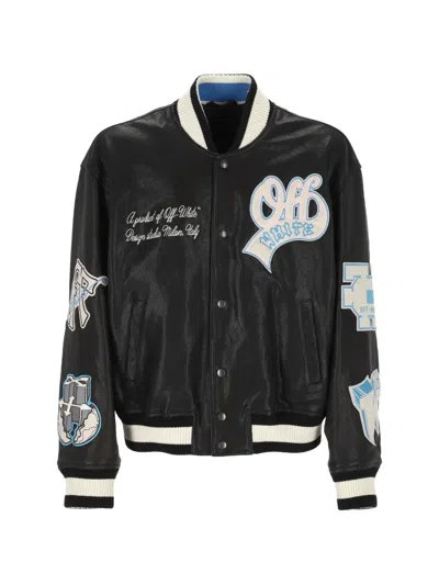 Off-white Patch-detail Leather Bomber Jacket In Black