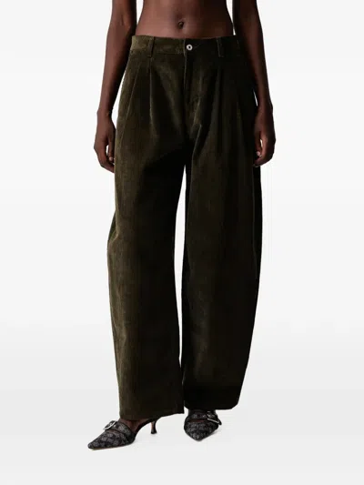 Off-white Pleated Corduroy-texture Trousers In Green