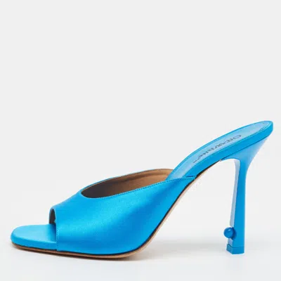Pre-owned Off-white Pop Pearl Size 40 Blue Satin Mules