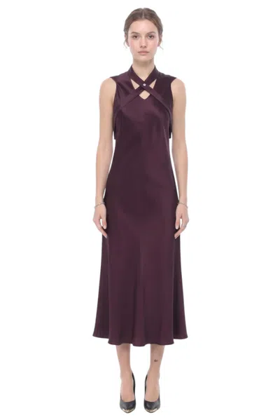 Off-white Purple Solid Mock Collar Midi Dress