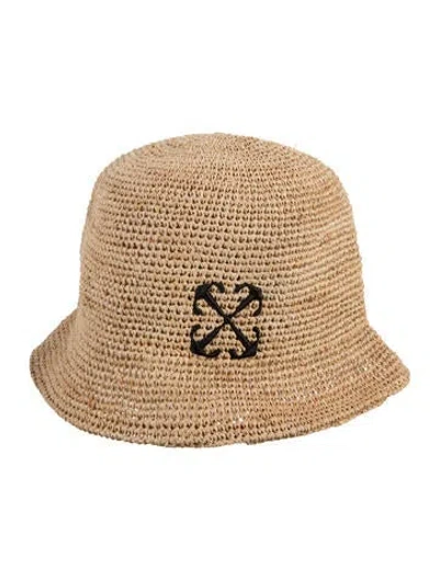 Pre-owned Off-white Raffia Embroidery Logo Panama Hat In Brown