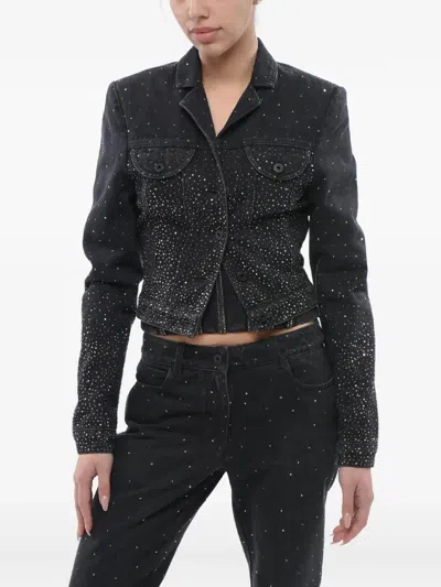 Off-white Rhinestone-embellished Cropped Denim Jacket In Black