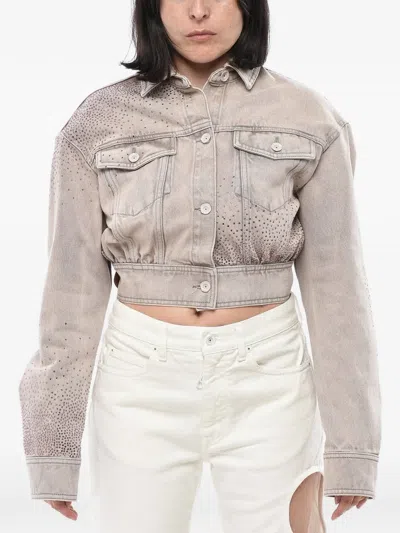Off-white Rhinestone-embellished Cropped Denim Jacket In Neutral