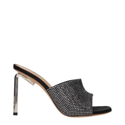 Off-white Rhinestone-embellished Satin Mule Heels In Black
