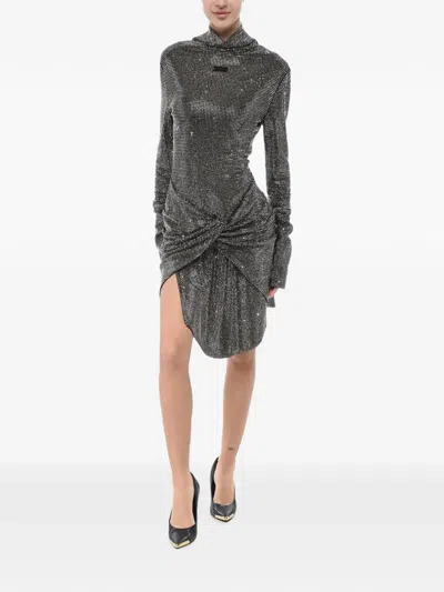Off-white Rhinestone-embellished Twist Mini Dress In Silver