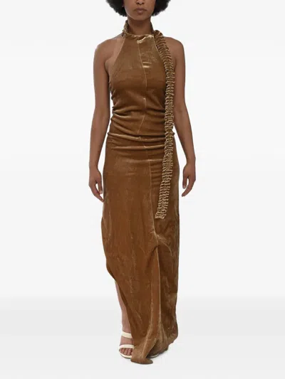 Off-white Ruffled Velour Maxi Dress In Brown