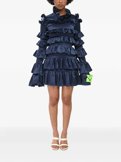 Off-white Ruffle-trimmed Satin Mini Dress In Blue