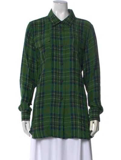 Pre-owned Off-white Silk Plaid Print Button-up Top In Green