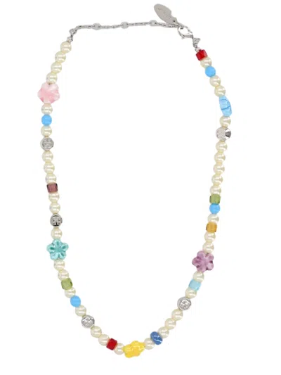 Off-white Silver Colorful Bead Brass Necklace In Multi