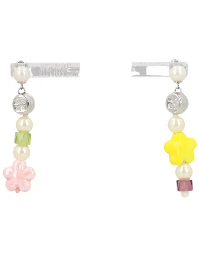 Off-white Silver Flower Pearls Brass Earrings In Multi