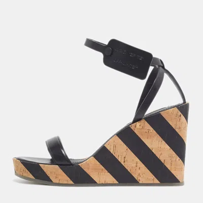 Pre-owned Off-white Size 38 Black Leather Stripe Cork Platform Wedge Sandals