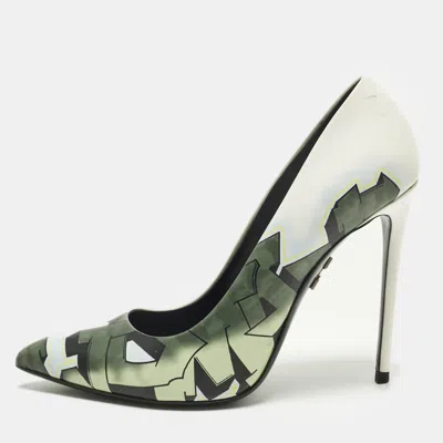 Pre-owned Off-white Size 39 White/green Printed Leather Pointed Toe Pumps