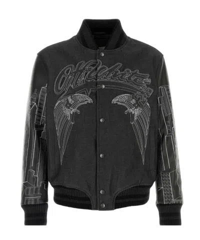 Off-white Skyline Embroidered Varsity Jacket In Gray