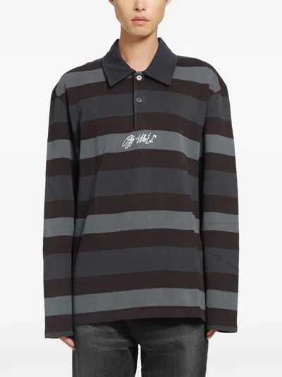 Off-white Stroke Multicolor Striped Long-sleeve Cotton Polo Shirt In Black