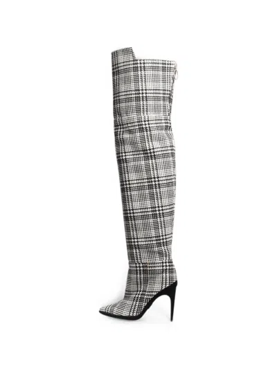 Pre-owned Off-white Tartan-pattern Knee-high Boots In Black