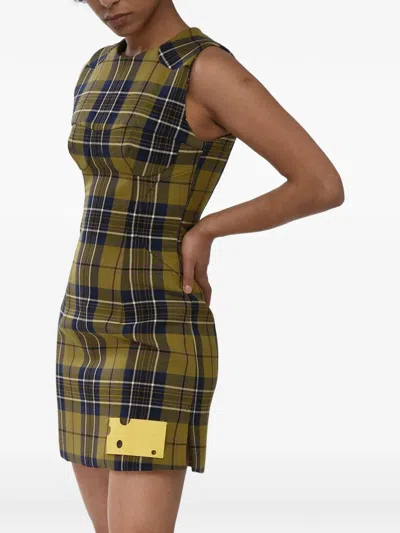 Off-white Tartan-print Mini Dress In Green