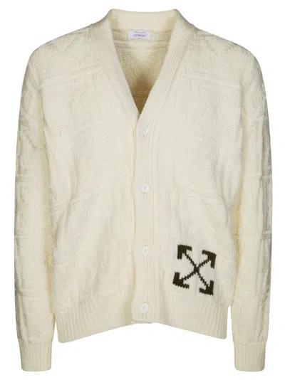 Off-white Textured Knitted Cardigan With V-neck And Arrow Motif In Neutral