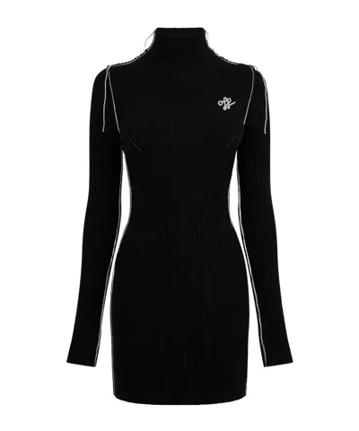 Off-white Turtleneck Longsleeve Ribbed Knit Mini Dress In Black