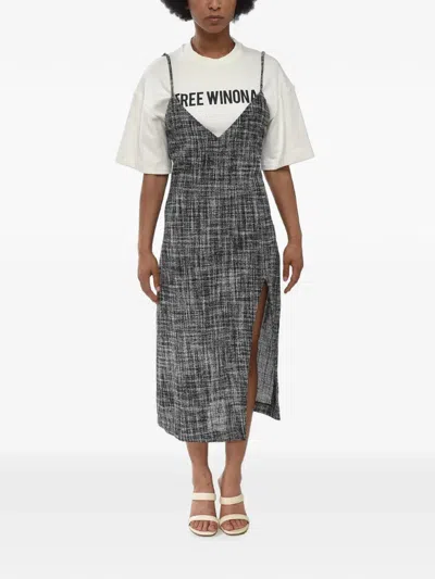 Off-white Tweed-effect Layered-design Midi Dress In Gray