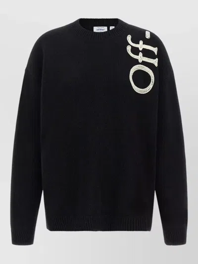 Off-white Vertical Bookish Crew Neck Sweater Knit In Black
