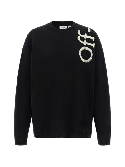 Off-white Vertical Bookish Crew Neck Sweater Knit In Black