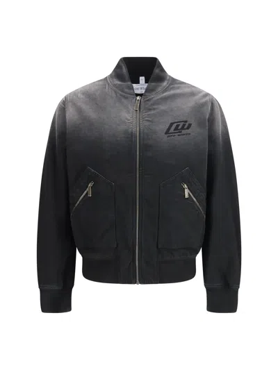 Off-white Washed Logo Denim Bomber Jacket In Black