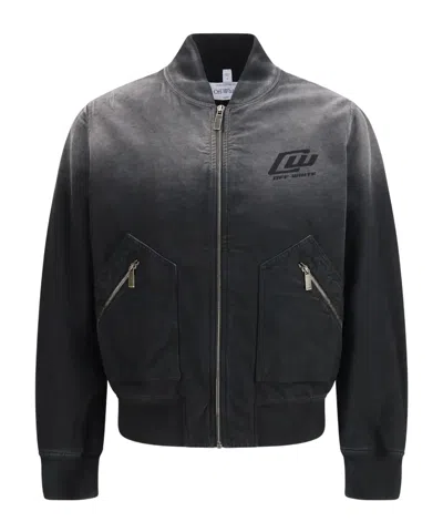 Off-white Washed Logo Denim Bomber Jacket In Black