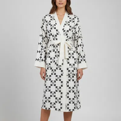 Pre-owned Off-white White Printed Silk Long Sleeve Robe M
