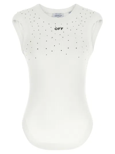 Off-white Swarovski Top Cap Sleeves Crew Neck In White